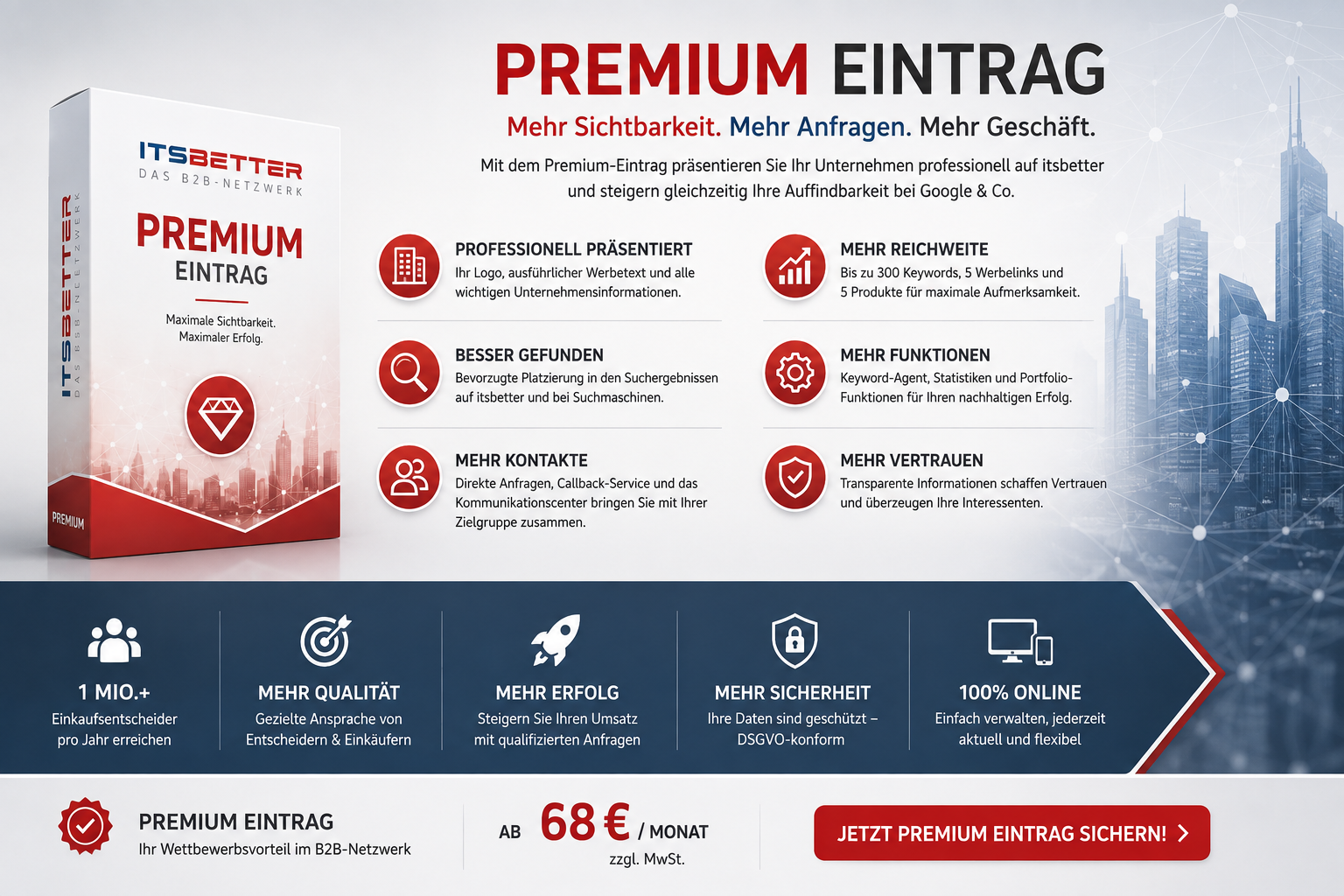 Mit dem Premium-Eintrag präsentieren Sie Ihr Unternehmen professionell auf itsbetter und schaffen gleichzeitig die Grundlage für eine bessere Online-Sichtbarkeit bei Suchmaschinen wie Google.